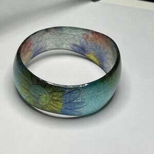 bangle resin flower floral blue yellow metallic glitter wide funky vintage